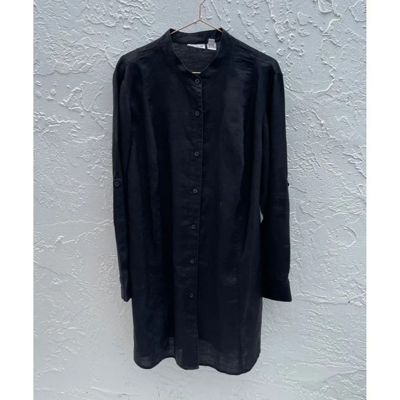 TOTO n KO Womens Long Sleeve Button Down Linen Shirt Dress Black Sz 2XL - Picture 1 of 11